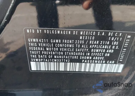 2012 Volkswagen Jetta 2.5L Se z USA, uszkodzony, nr VIN 3VWDP7AJ1CM337742